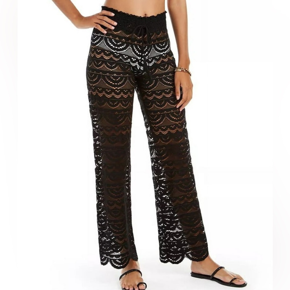 Miken Swim Black Crochet Lace Cover Up Pants Small NWT High Rise Sheer